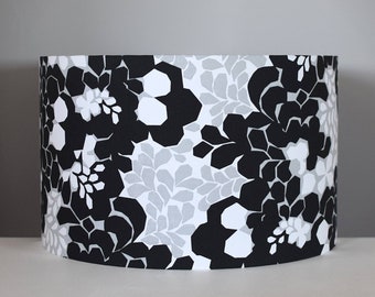 Black white & grey floral lampshade, gold or silver lining option, for ceiling or lamp base, scandi fabric, handmade by Vivid Shades