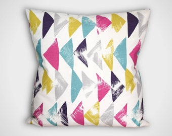 Geometric cushion cover handmade by vivid shades, 40cm to 50cm square sizes, yellow turquoise grey pink zipped pillow cover, Vivid Shades