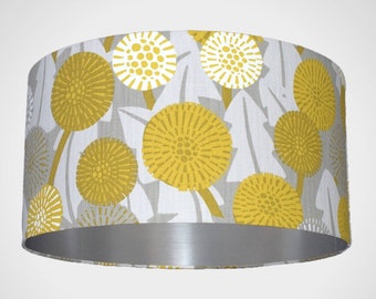 Yellow and grey floral lampshade with gold silver in Scandinavian fabric, abstract flower drum light shade for ceiling or lamp base