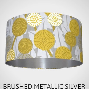 Yellow and grey floral lampshade with gold silver in Scandinavian fabric, abstract flower drum light shade for ceiling or lamp base