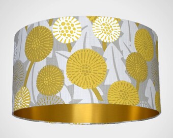 Yellow and grey floral lampshade with gold lining in Scandinavian fabric, abstract flower drum light shade for ceiling or lamp base