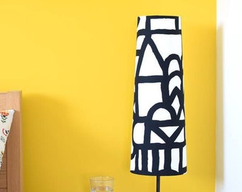 Tall monochrome lampshade, genuine Scandinavian fabric black & white, conical or cylindrical handmade by Vivid Shades