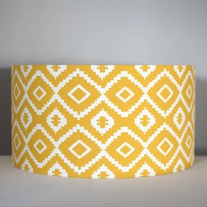 Yellow geometric lampshade handmade by vivid shades, modern abstract shapes stylish fabric cool funky drum ceiling mustard mid mod standard