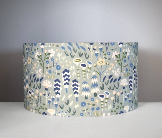 Green & blue floral lampshade pattern with gold silver or white lining, Scandinavian fabric lightshade, handmade by Vivid Shades