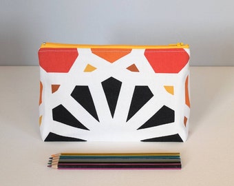 Estuche con cremallera, neceser de maquillaje de tela de algodón con diseño geométrico, estuche para lápices, tonos vivos hechos a mano.
