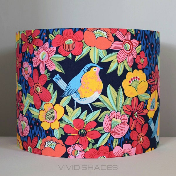 Floral bird lampshade 30cm / 35cm fabric light / lamp shade handmade by vivid shades, robin flower drum ceiling tropical vintage tall shade