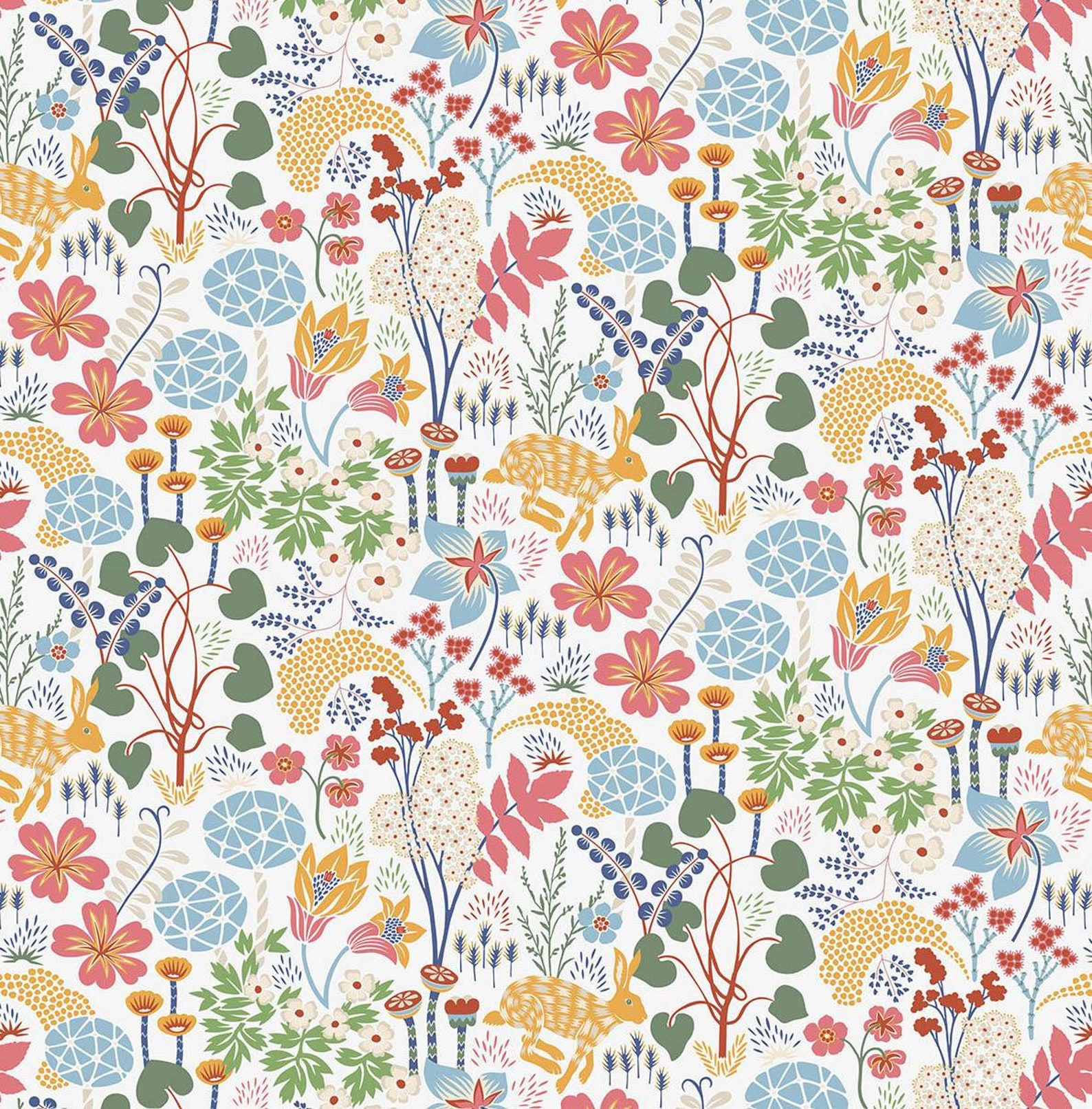 Scandi Pattern Collection Rabbit and Flowers Fabric Scandi Pattern, by the Half Meter or Meter ...
