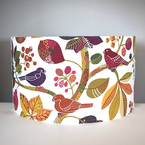 Scandinavian bird fabric lampshade, gold lining option, 30cm to 45cm Ø woodland forest tree leaf drum ceiling funky purple pink green.