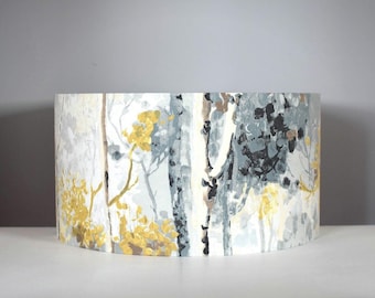 Silver birch tree lampshade in grey & yellow with gold silver or white lining option, for ceiling or lamp base in 20cm to 40cm diameters