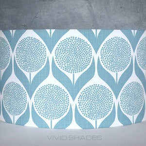 Light blue and white Scandinavian fabric Lampshade handmade by vivid shades, funky retro floral geometric flower pattern drum