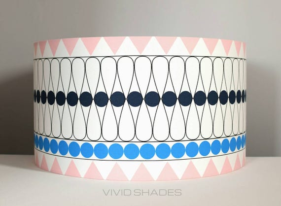 Pink and blue geometric lampshade Scandinavian fabric, handmade by vivid shades, modern retro stylish funky scandi pattern custom made