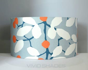 Grey & orange leaf lampshade, high quality U.K. fabric, 30cm / 40cm Ø, flower petal pattern, ceiling or lamp base, handmade by Vivid Shades