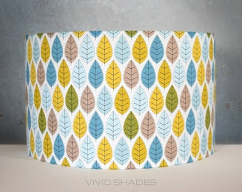 Scandi leaf light / lampshade handmade by vivid shades, modern retro stylish geometric scandi pattern blue mustard yellow