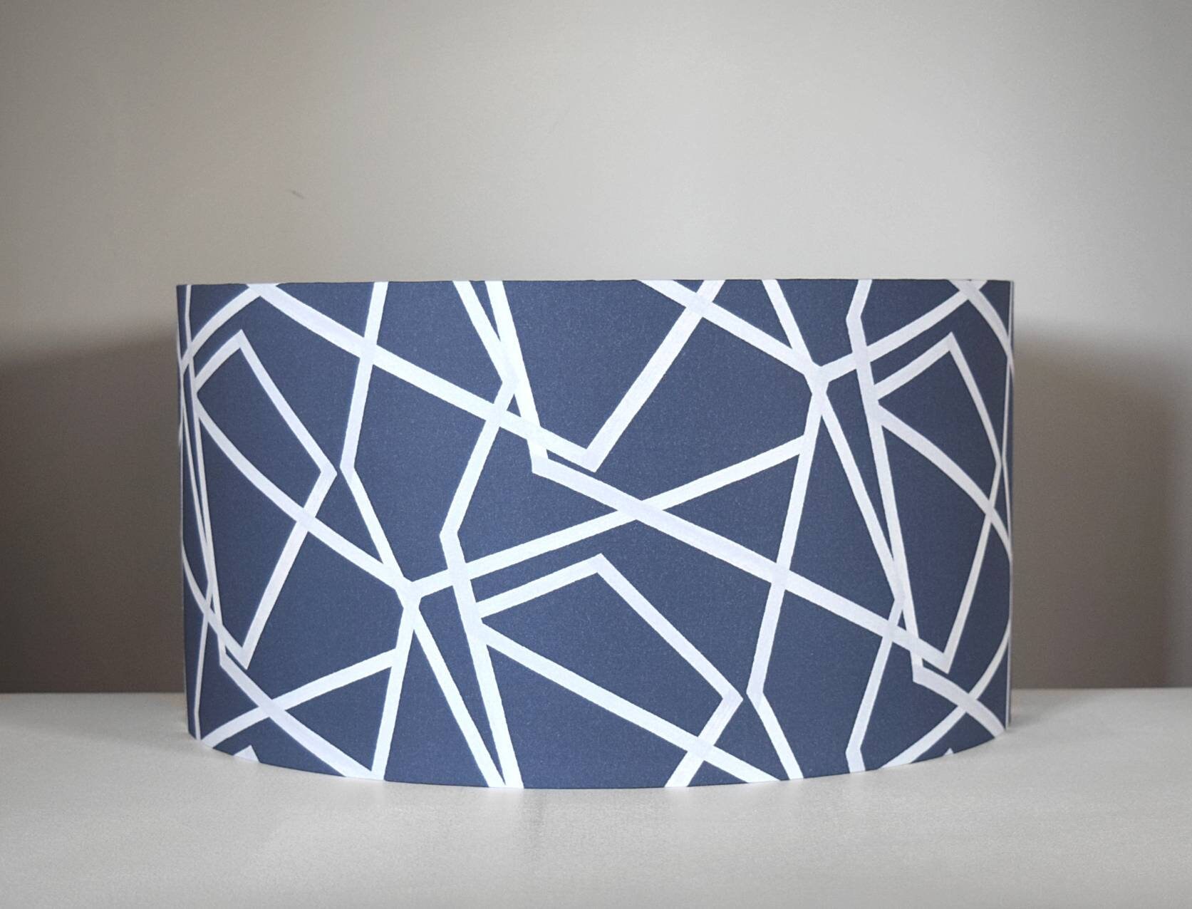 Blue abstract geometric lampshade with gold silver or white lining,  20cm to 50cm Ø for ceiling or lamp base handmade by Vivid Shades