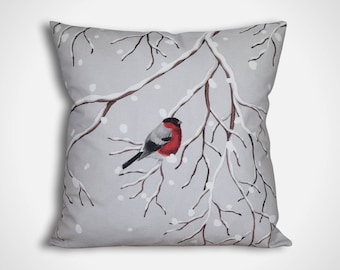 Handmade Bullfinch Cushion Cover, Scandinavian Fabric, Winter Snow Branch Pattern