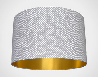 Grey geometric lampshade with gold lining in funky zig zag chevron pattern, standard or ceiling drum light shade handmade by vivid shades
