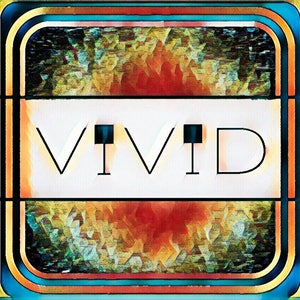 May include: A retro-style graphic with a vibrant, abstract background in shades of orange, yellow, and green. The word "VIVID" is written in bold, black letters against a white background.