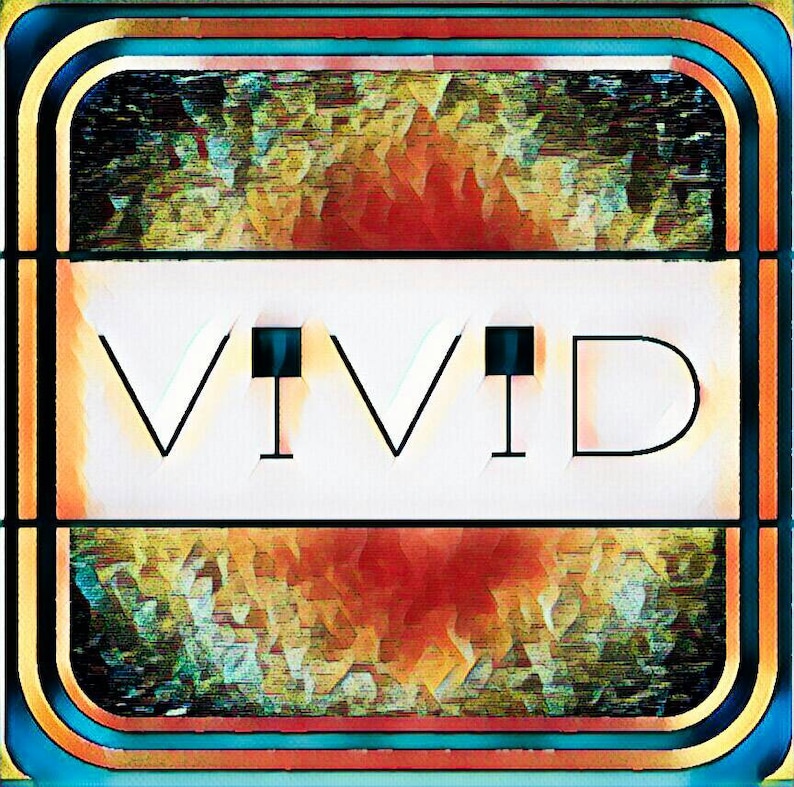 May include: A retro-style graphic with a vibrant, abstract background in shades of orange, yellow, and green. The word "VIVID" is written in bold, black letters against a white background.