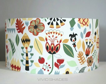 Scandinavian 30cm 40cm or 45cm fabric light / lampshade handmade by vivid shades, retro stylish funky folk scandi pattern birds floral drum