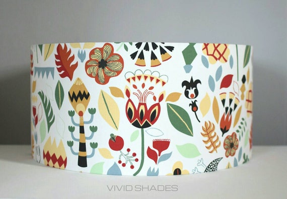 Scandinavian 30cm 40cm or 45cm fabric light / lampshade handmade by vivid shades, retro stylish funky folk scandi pattern birds floral drum