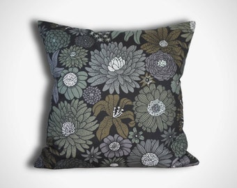 Dark floral cushion cover, Scandinavian fabric, 40cm 45cm 50cm square sizes handmade by Vivid Shades
