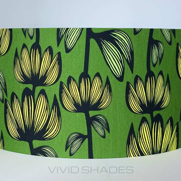 Scandinavian fabric lampshade up to 45cm sizes handmade by vivid shades, floral flowers green yellow funky colourful drum ceiling