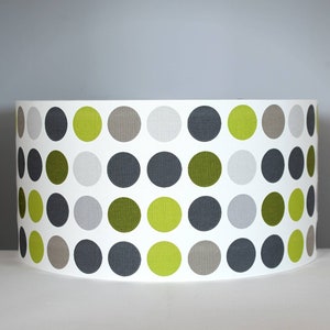 Green geometric spot fabric lampshade 20cm to 50cm Ø handmade by vivid shades, modern retro stylish funky  pattern custom made drum shade
