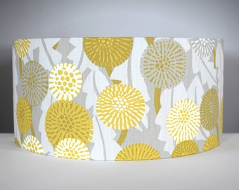 Yellow and grey floral lampshade in Scandinavian fabric, abstract flower drum light shade for ceiling or lamp base handmade by vivid shades