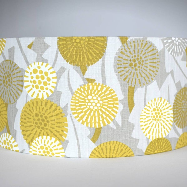 Yellow and grey floral lampshade in Scandinavian fabric, abstract flower drum light shade for ceiling or lamp base handmade by vivid shades