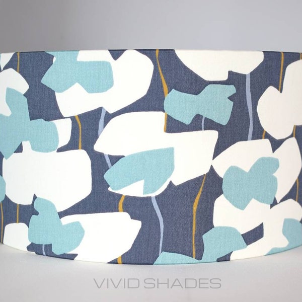 Blue floral lampshade handmade by vivid shades, modern abstract flowers fabric printed in England funky drum ceiling white indigo turquoise