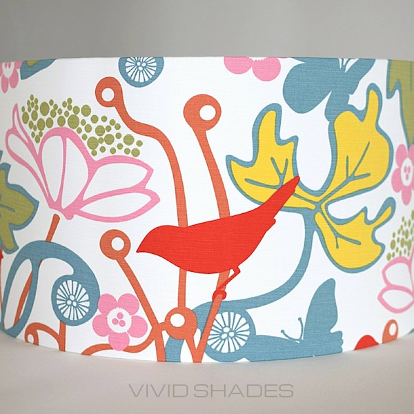 Abat-jour en tissu scandinave authentique de 40 cm ou 45 cm, tissu abstrait rétro moderne et funky avec des feuilles, des oiseaux et des fleurs botaniques, grands et grands