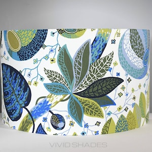 Green and blue lampshade Scandinavian fabric 30cm to  45cm diameter handmade by vivid shades, funky botanical flower floral leaf tropical