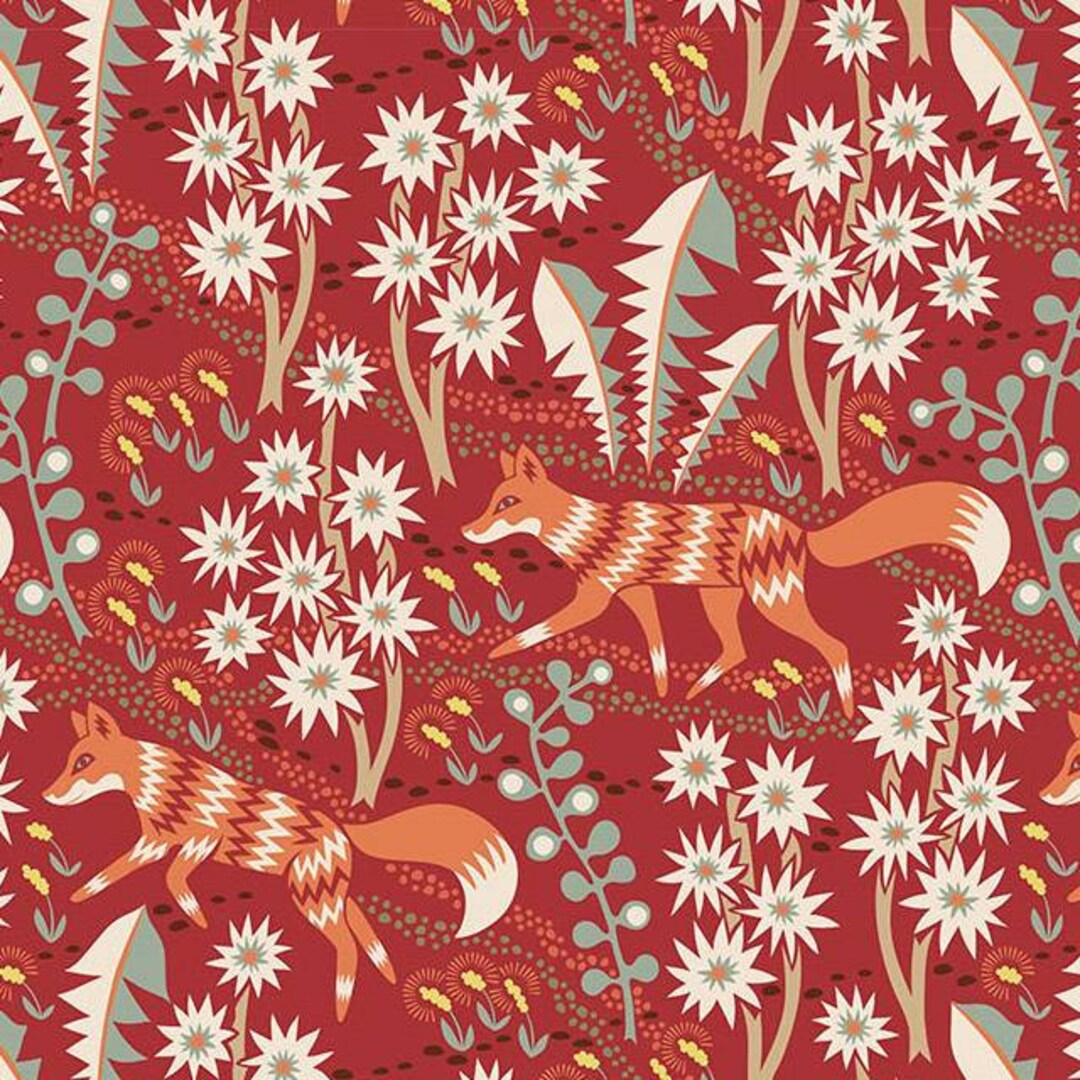Red Fox Pattern Fabric With Bright Flowers, by the Half Meter or Meter ...