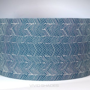 Blue geometric Scandinavian lampshade, gold lining option, funky scandi chevron pattern, standard drum lamp shade, handmade by Vivid Shades