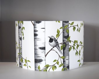 Bird pattern lampshade with silver birch trees, gold silver or white lining, made with Scandinavian fabric, 20cm to 45cm diameters.
