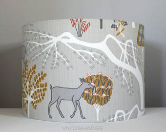 Scandinavian woodland fabric lampshade, tree + fox + deer pattern shade, grey nature pattern, handmade by Vivid Shades