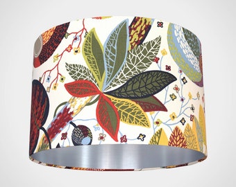 Tropical leaf lampshade with silver lining, botanical pattern 25cm to 45cm diameter for ceiling or lamp base handmade by Vivid Shades