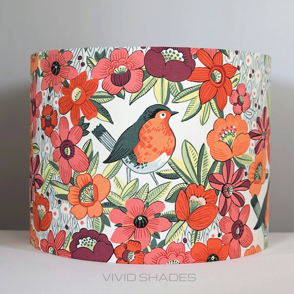 Floral bird lampshade 30cm / 35cm fabric light / lamp shade handmade by vivid shades, robin tropical drum ceiling orange vintage tall shade
