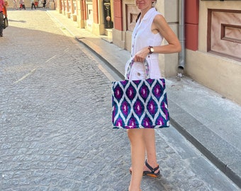 Handwoven Silk Velvet Ikat Tote Bag: Cobalt Blue & Lilac