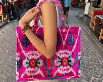 Silk Velvet Ikat Tote Bag: Handwoven Uzbek Book Bag