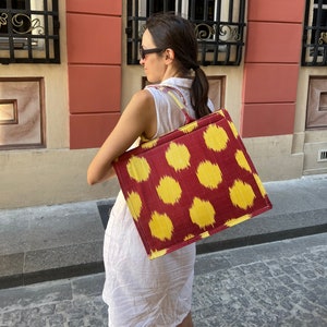 Silk Ikat Tote Bag: Handwoven Uzbek Book Bag