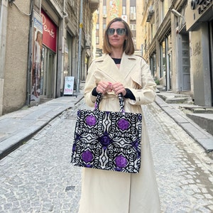 Cabas en jute ikat velours noir diamant violet - grand livre boîte ikat tissé à la main avec poignée en toile - sac en jute de tissu ikat de velours tissé à la main