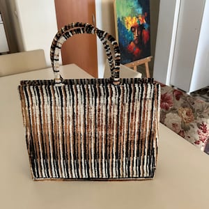 Sac fourre-tout en soie à rayures brunes - poignée en velours - sacs fourre-tout en jute ikat en tissu velours ikat tissé à la main