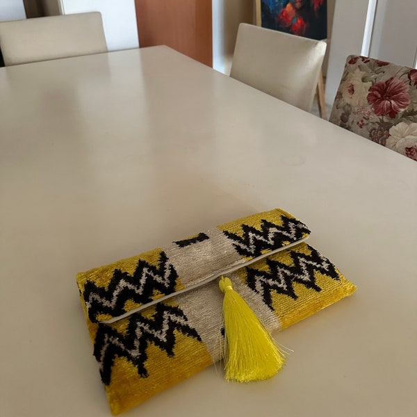 Yellow Black Zigzag Velvet ikat Clutch Bag | Modern Fancy silk Woven Party Purse