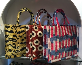 Handwoven Silk Velvet Ikat Tote Bag - Large Book Bag
