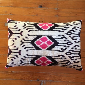 Velvet Ikat lumbar pillow cover | Uzbek traditional silk cushion