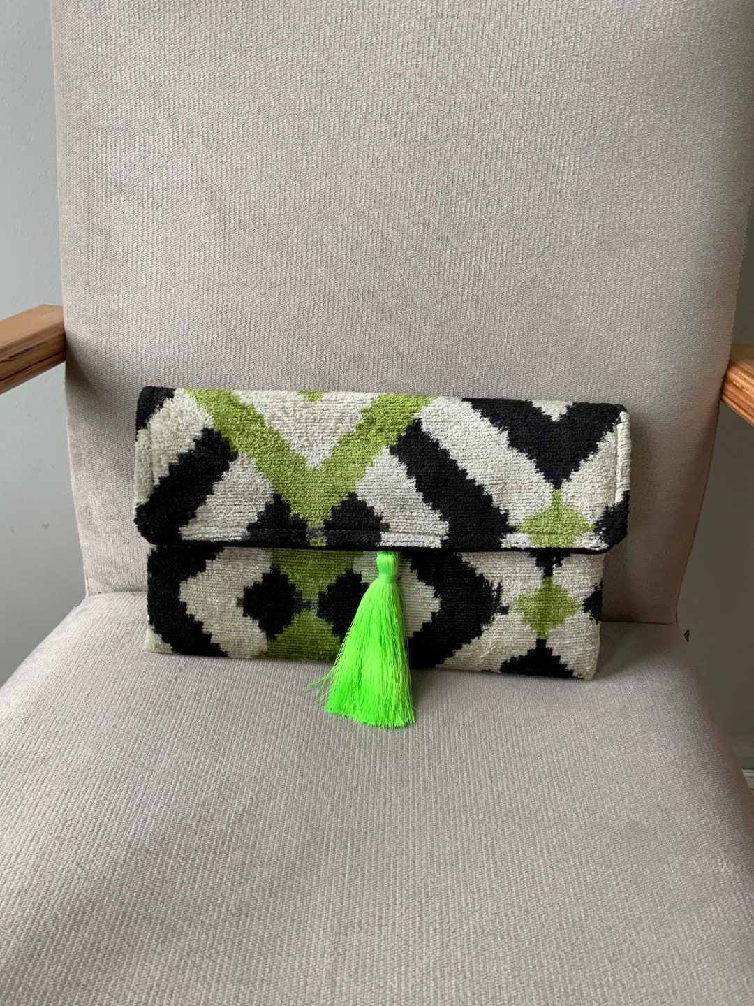 Green Black Multi Velvet Ikat Clutch Geo Design Wedding Party Silk ...
