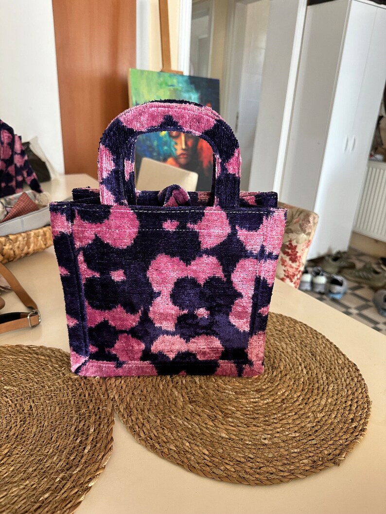 Pink Purple Velvet Ikat Tote With Fabric Strap Small Silk Velvet Book Tote Hand Bag image 5