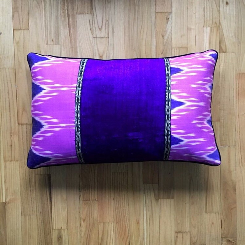 Neon lilac Silk ikat Cushion North African blue ikat pillow cover Uzbek velvet Ikat pillow