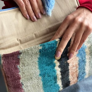Rainbow Ikat Uzbek Velvet Clutch: Handwoven Art Fabric Silk Handbag with Tassel image 3
